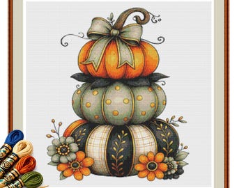 Stacked Fall Pumpkins Cross Stitch Pattern PDF, Farmhouse Autumn Decor, Whimsical Pumpkin