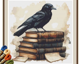 Raven Scholar-kruissteekpatroon, pdf Dark Academia Raven, gotische bibliotheekkunst