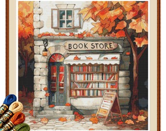 Storybook Autumn Bookshop Cross Stitch Pattern PDF