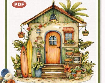 Beach Cottage, motif de point de croix PDF, motif de broderie maison côtière