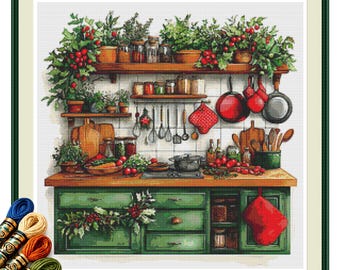 Holiday Kitchen Pantry Cross Stitch Pattern PDF, Christmas Embroidery Chart