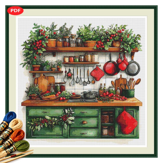 Holiday Kitchen Pantry Cross Stitch Pattern PDF, Christmas Embroidery Chart