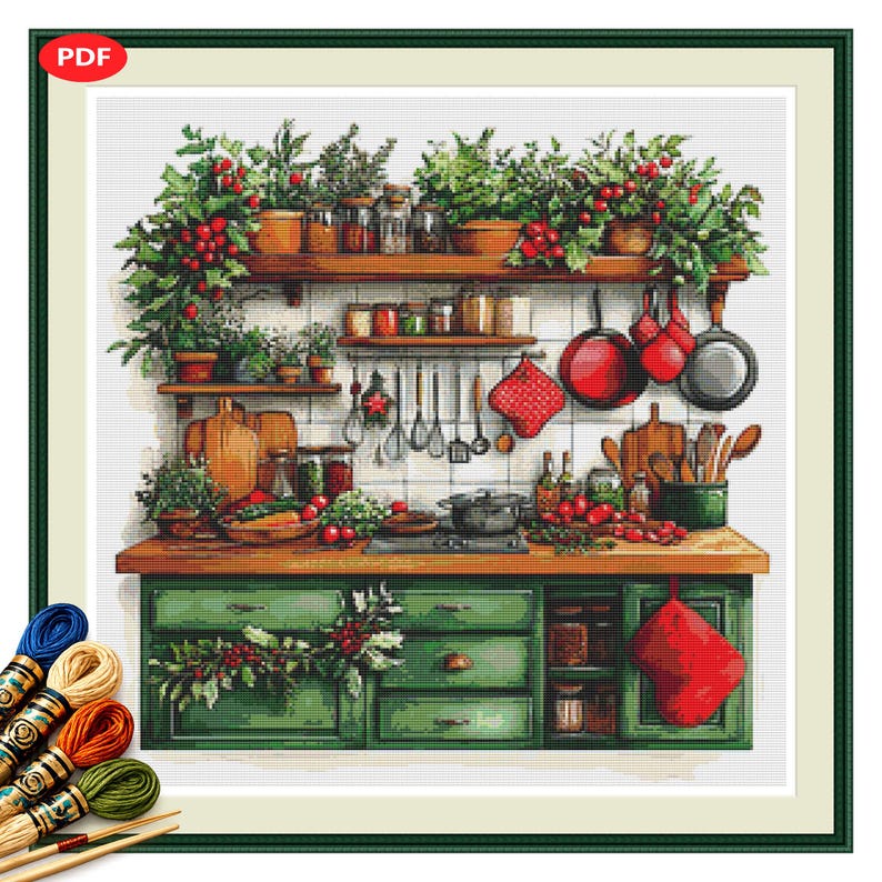 May include: A cross-stitch pattern featuring a kitchen scene with green cabinets, wooden shelves, hanging pots, pans, and utensils. The design includes potted plants, red berries, jars, and a red oven mitt. Several skeins of embroidery floss are visible.