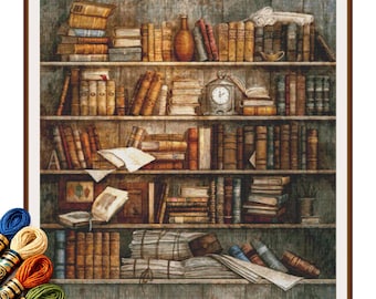 Modèle de point de croix « Étagères à livres » : Grille de broderie PDF pour décoration murale de livres anciens.