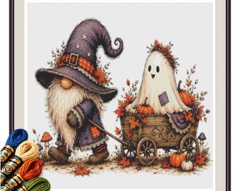 Halloween Gnome Pulling Ghost Wagon Cross Stitch Pattern PDF