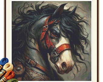 Black Horse Portrait Cross Stitch Pattern PDF, Red Bridle Equestrian Art