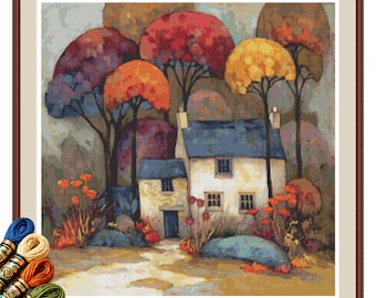 Patrón de punto de cruz "Cabaña en el bosque" n.º 3: Gráfico en PDF de un colorido bosque y una cabaña.