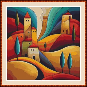 Cubist Landscape 1. PDF Counted cross stitch pattern, Landscape, Cross stitch chart, Home decor, Embroidery pattern, Digital download.