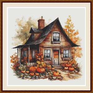 Cottage in Autumn 1. PDF Cross stitch pattern, Hand embroidery chart, Blooming cottage, Cross stitch pattern, Digital download, PDF chart.