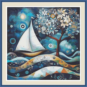 Whimsical Sailing 4.  PDF cross stitch pattern, Home decor, Sailing boat, Sea landscape, Modern pattern, Cross stitch chart.