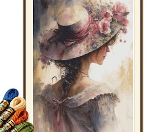 Modèle de point de croix PDF « Dame romantique », diagramme de broderie d'une femme victorienne au chapeau fleuri.