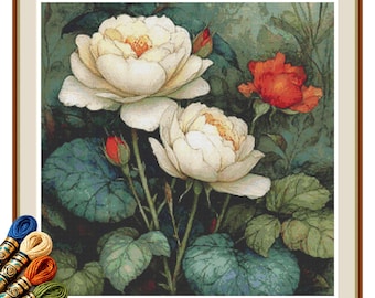 Elegant Botanical Rose Garden Cross Stitch Pattern PDF, Vintage Floral Embroidery Design