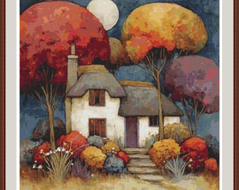 Cottage in the Woods 1 Cross Stitch Pattern: Rustic Home, Fall Wall  PDF Chart.