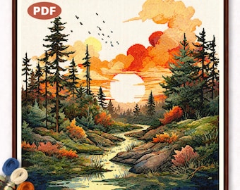 Motif de point de croix stylisé coucher de soleil sur la forêt, scène de nature artistique PDF