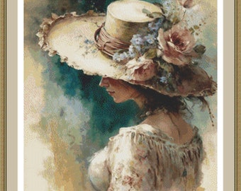 Victorian Woman Cross Stitch Pattern, Romantic Lady Embroidery PDF, Elegant PDF Chart.