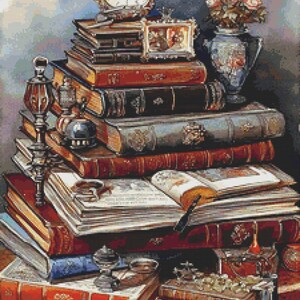 Antique Library Desk Cross Stitch Pattern PDF, Vintage Books and Writing Still Life image 5