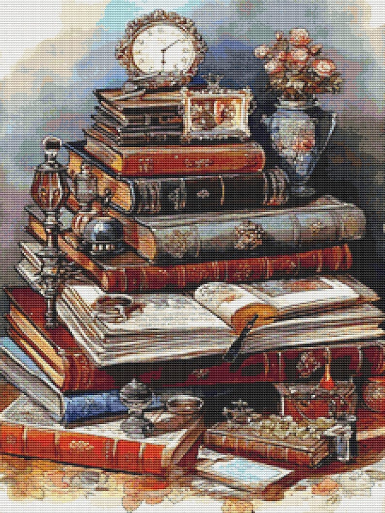 Antique Library Desk Cross Stitch Pattern PDF, Vintage Books and Writing Still Life image 5