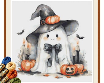 Halloween Ghost with Bow Tie Cross Stitch Pattern PDF, Pumpkins and Candles