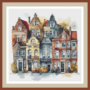 Amsterdam Houses 3. Cross stitch pattern PDF, Cottages,, Embroidery chart, Cross stitch, Houses pattern, PDF pattern,Moder cross stitch.