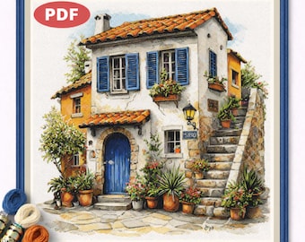 Petit chalet méditerranéen, point de croix, porte bleue, maison côtière, PDF