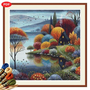 Autumn Lakeside Cottage Cross Stitch Pattern PDF, Colorful Fall Landscape, Nature Needlework