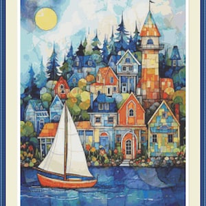 May include: A cross-stitch picture of a coastal village. A sailboat sails on blue water in front of colourful houses and a lighthouse. The sky has a yellow sun and fluffy clouds, all within a blue frame.