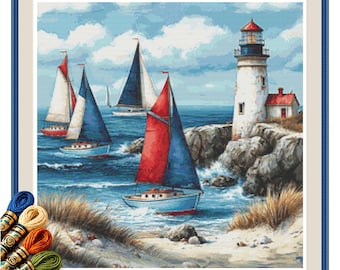 Coastal Lighthouse Seascape Cross Stitch Pattern PDF