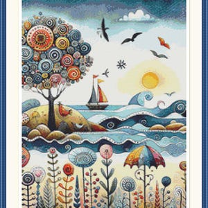 Grillig zeegezicht 10. pdf-kruissteekpatroon, zeelandschap, huisje, boot, woondecoratie, modern patroon, kruissteekkaart.