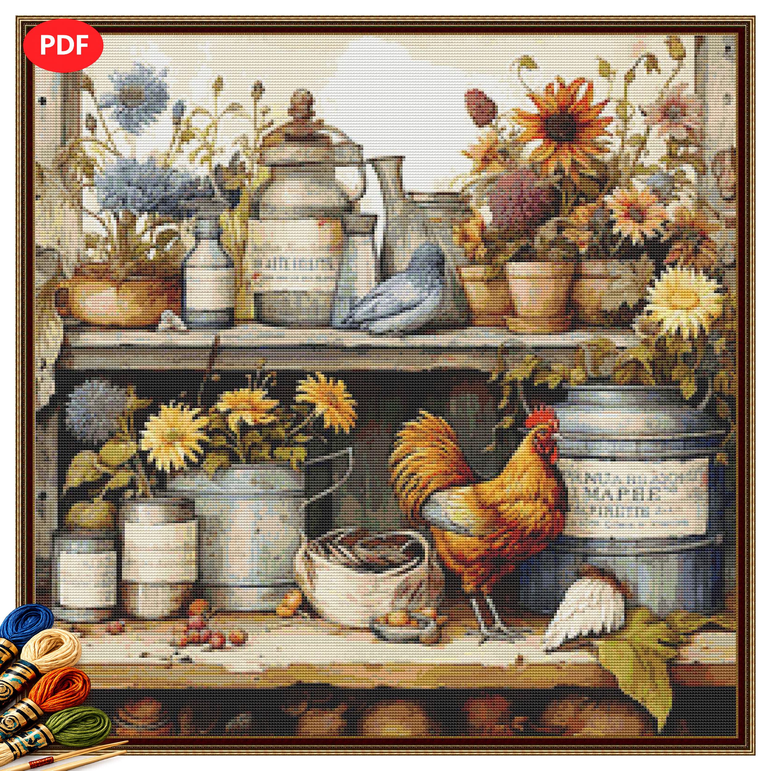 Farmhouse Rooster Cross Stitch Pattern, Country Life Garden PDF. - Etsy