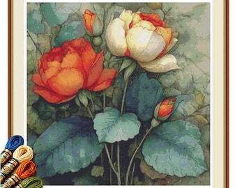 Vintage Botanical Rose Bouquet Cross Stitch Pattern PDF, Cream And Coral Roses