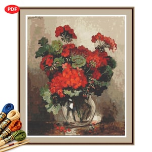 May include: A cross-stitch pattern of a still life featuring a bouquet of red geraniums in a clear glass vase. The flowers have green leaves and are set against a neutral background. The PDF file is in the corner.