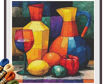 Cubist Pitcher Still Life Cross Stitch Pattern PDF, Colorful  Art