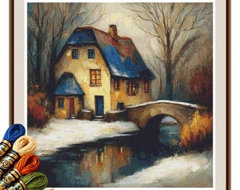 Snowy Cottage by the Stone Bridge Cross Stitch Pattern PDF