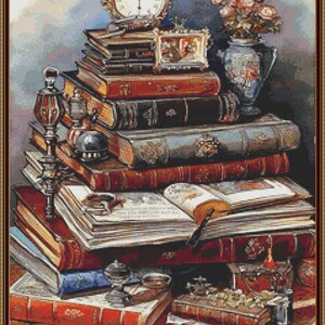 Antique Library Desk Cross Stitch Pattern PDF, Vintage Books and Writing Still Life image 4