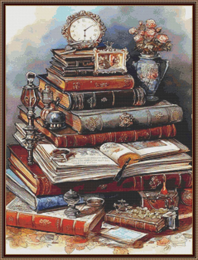 Antique Library Desk Cross Stitch Pattern PDF, Vintage Books and Writing Still Life image 4
