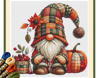 Patchwork Harvest Gnome Cross Stitch Pattern PDF, Cranberry Basket Folk Art
