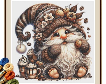 Coffee and Chocolate Gnome Cross Stitch Pattern PDF, Cozy Whimsical Needlework