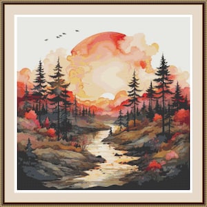 Sunset in the Forest 2. PDF Cross stitch pattern, Landscape, Forest, Sunset, Modern pattern, Hand embroidery, Home decor.