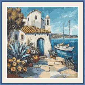 Coastal Villa 4. PDF cross stitch pattern, Sea landscape, Cross stitch chart, Embroidery pattern, Digital download, Modern pattern.