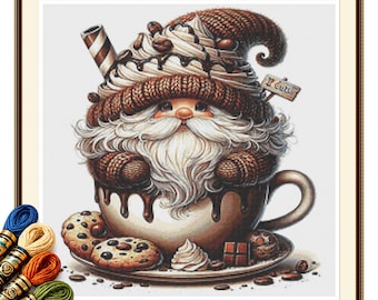 Coffee Cup Gnome Cross Stitch Pattern PDF, Whipped Cream Dessert Needlework