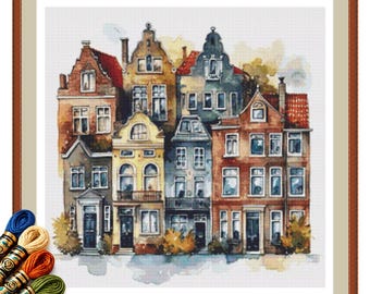 Wzór haftu krzyżykowego „Domy Amsterdam” nr 3 w formacie PDF. Schemat haftu „Holenderska architektura”.