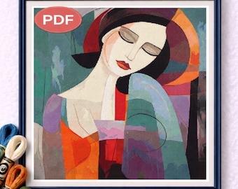 Art abstrait femme motif point de croix PDF, motif de broderie femme moderne