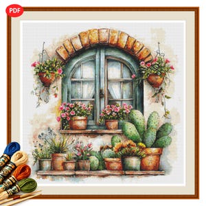 Schema per punto croce "Finestra da giardino turchese" in formato PDF, decorazione floreale con cactus
