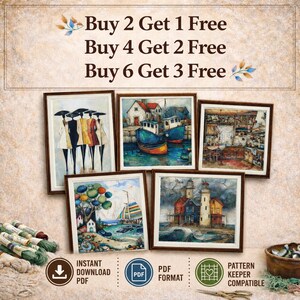 May include: Five framed art prints featuring stylized figures, boats in a harbor, a kitchen interior, a landscape with colorful trees and a sailboat, and a lighthouse by the sea. Text reads: Buy 2 Get 1 Free, Buy 4 Get 2 Free, Buy 6 Get 3 Free.