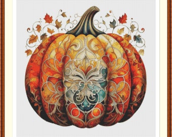 Pumpkin 1 Cross Stitch Pattern, Ornate Autumn Pumpkin Embroidery PDF.