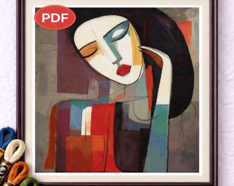 Modèle de point de croix femme abstrait moderne PDF, conception d'art féminin contemporain