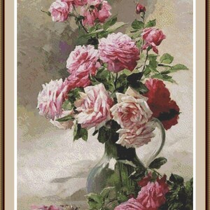 Pink Roses in a Glass Vase Cross Stitch Pattern Counted Cross Stitch ...