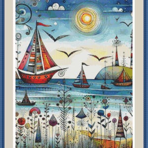 Grillig zeegezicht 13. pdf-kruissteekpatroon, zeelandschap, huisje, boot, woondecoratie, modern patroon, kruissteekkaart.