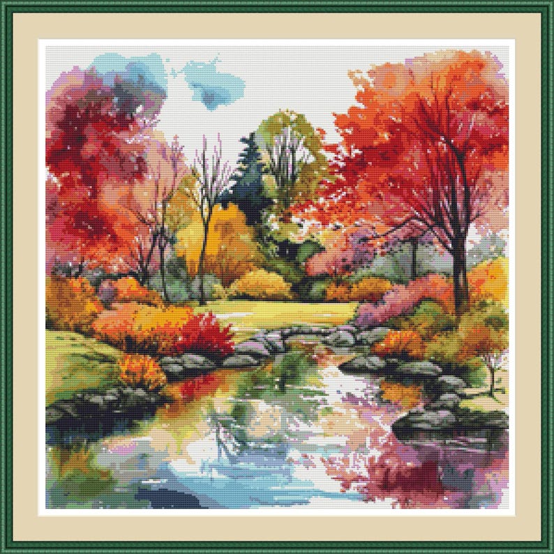 Autumn Forest Lake Cross Stitch Pattern, Fall Landscape Embroidery PDF ...