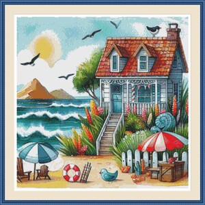 Whimsical Beach House 3. Geteld kruissteekpatroon in pdf-formaat, digitale download, pdf-patroon, kruissteekpatroon, afdrukbaar patroon